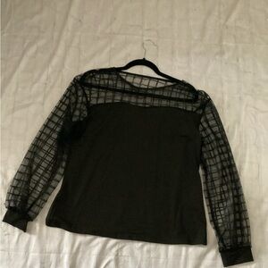 Black Sheer Grid-Pattern Long Sleeve Top
